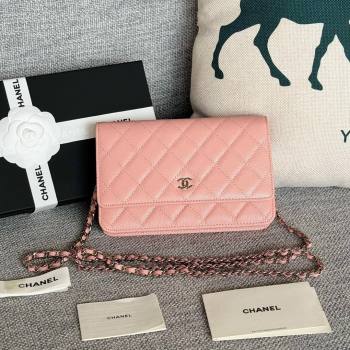 Chanel Grained Calfskin Classic Wallet on Chain WOC Silver/Pink 2024 (MHUI-241512)