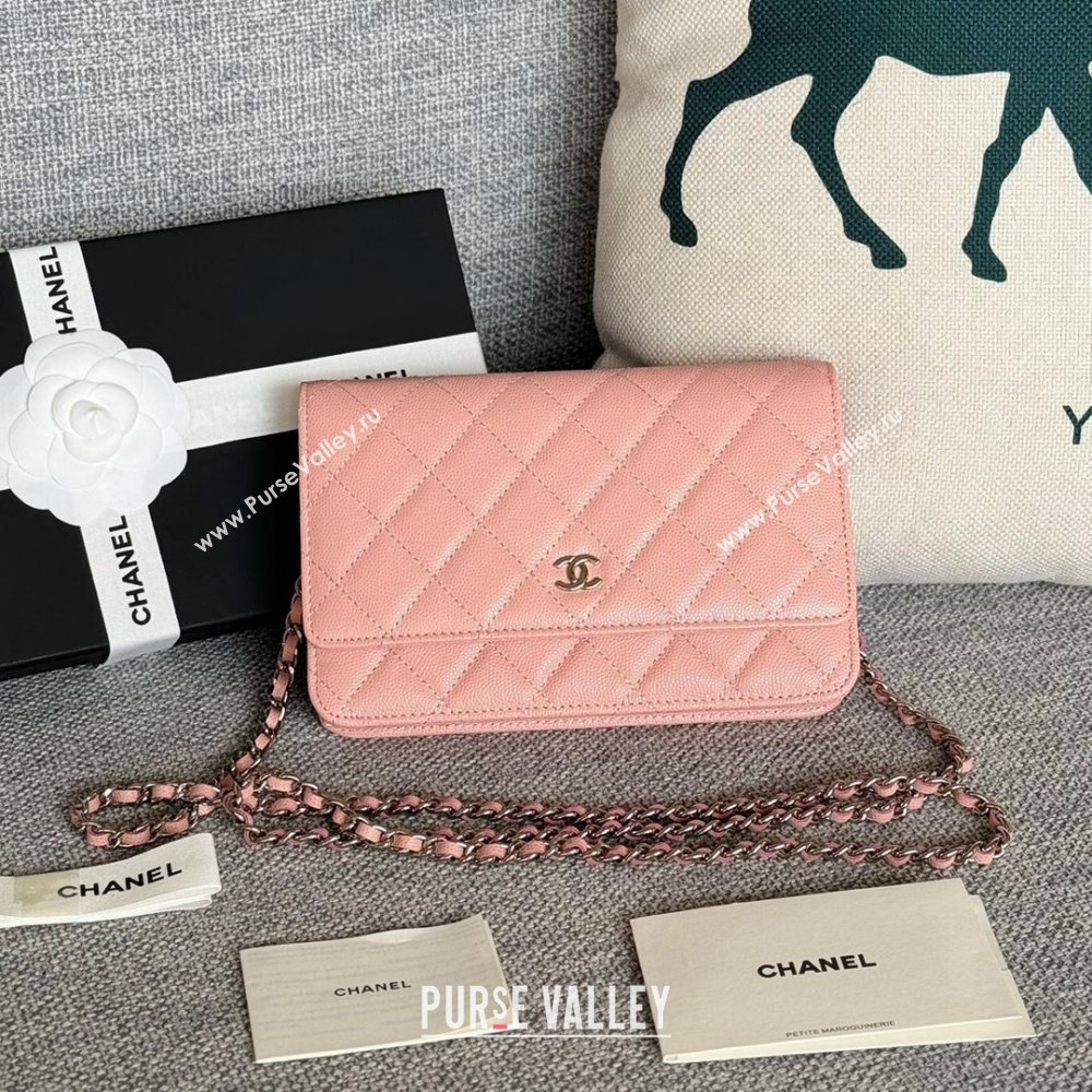 Chanel Grained Calfskin Classic Wallet on Chain WOC Silver/Pink 2024 (MHUI-241512)