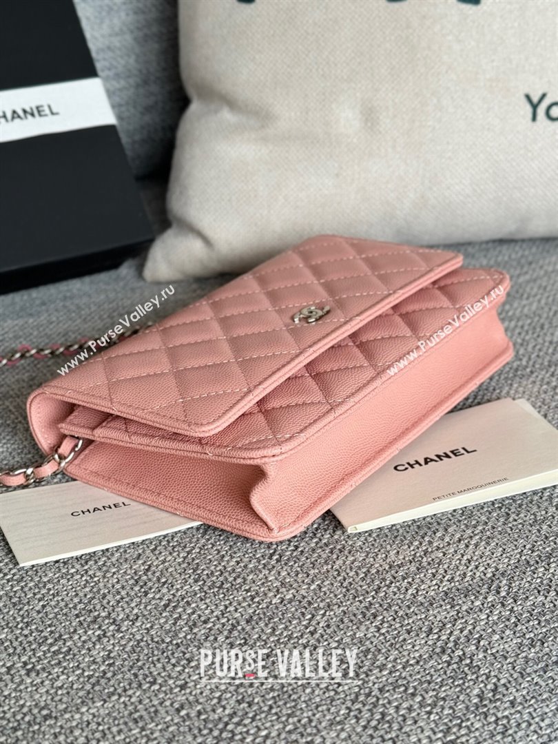 Chanel Grained Calfskin Classic Wallet on Chain WOC Silver/Pink 2024 (MHUI-241512)