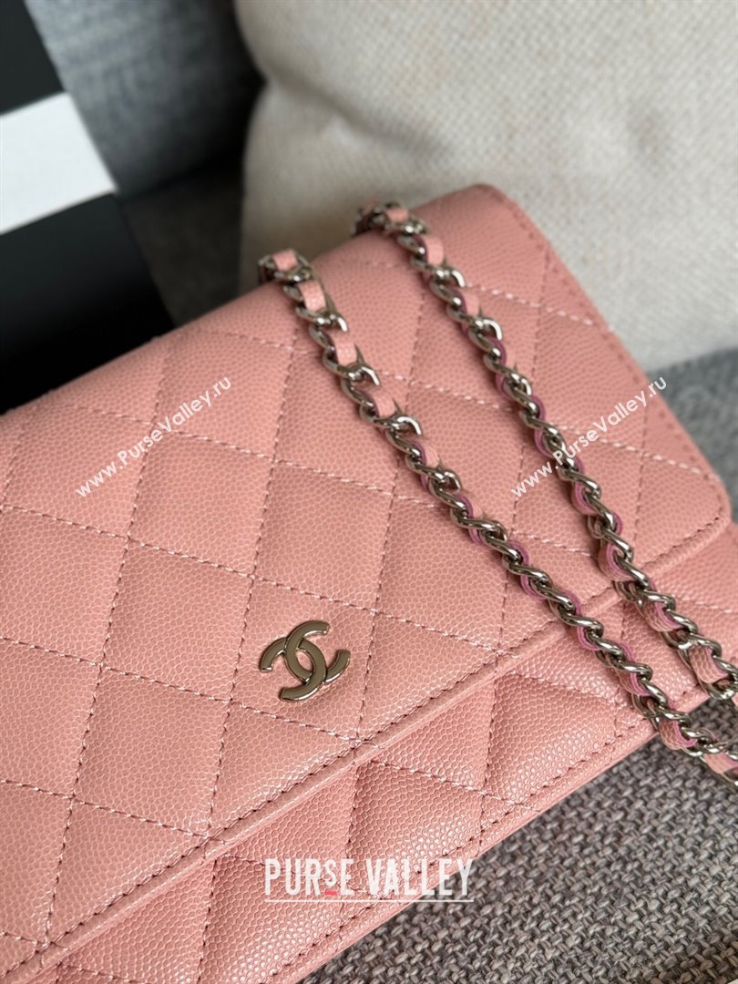 Chanel Grained Calfskin Classic Wallet on Chain WOC Silver/Pink 2024 (MHUI-241512)