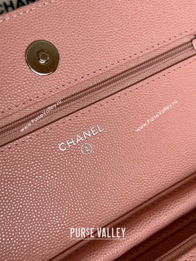 Chanel Grained Calfskin Classic Wallet on Chain WOC Silver/Pink 2024 (MHUI-241512)