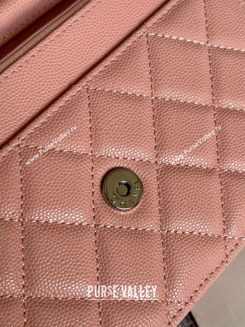 Chanel Grained Calfskin Classic Wallet on Chain WOC Silver/Pink 2024 (MHUI-241512)