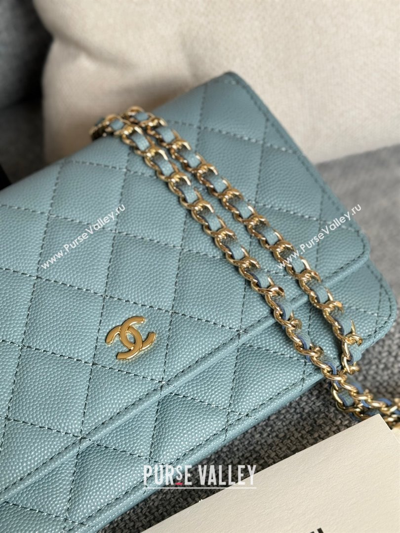 Chanel Grained Calfskin Classic Wallet on Chain WOC Gold/Blue 2024 (MHUI-241513)