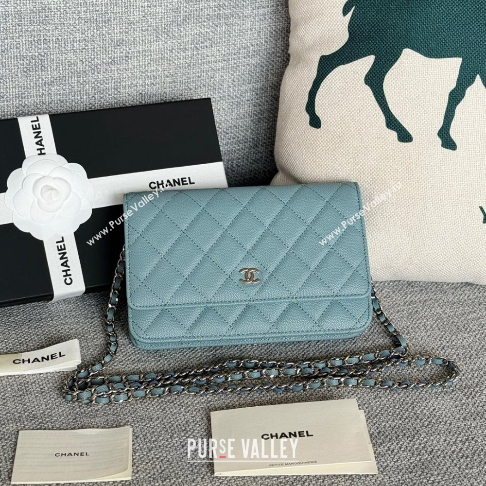 Chanel Grained Calfskin Classic Wallet on Chain WOC Silver/Blue 2024 (MHUI-241515)