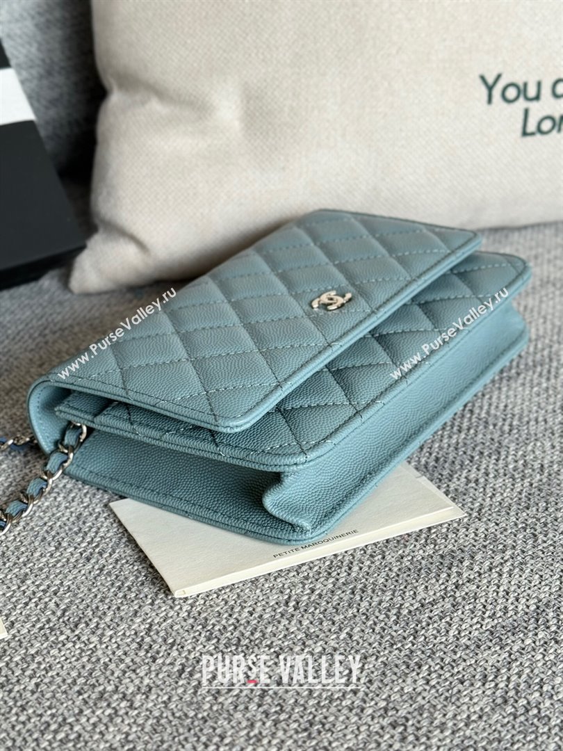 Chanel Grained Calfskin Classic Wallet on Chain WOC Silver/Blue 2024 (MHUI-241515)