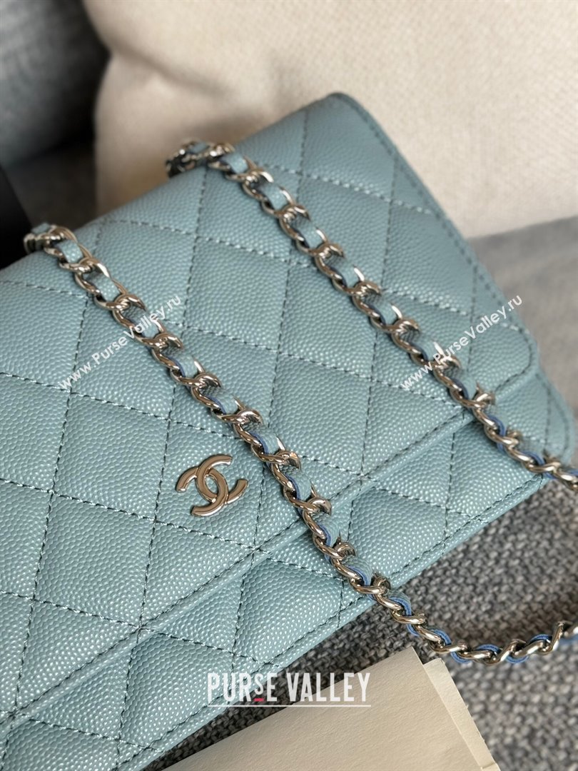 Chanel Grained Calfskin Classic Wallet on Chain WOC Silver/Blue 2024 (MHUI-241515)