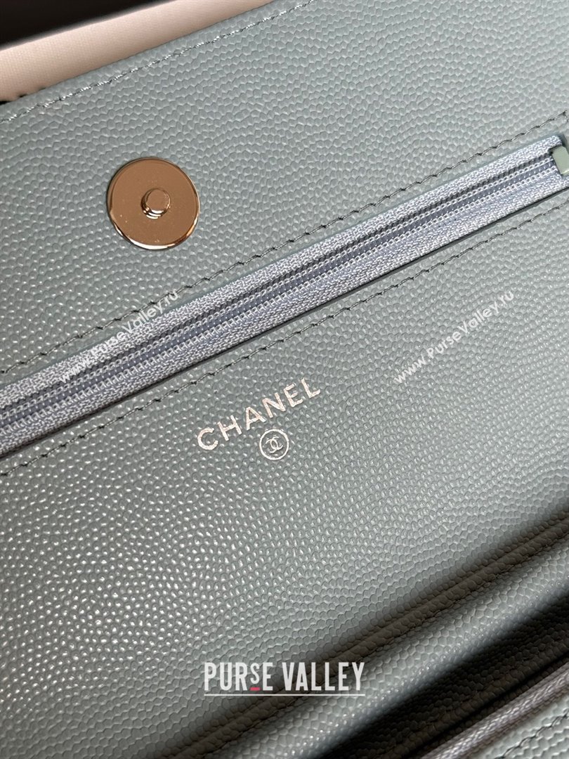 Chanel Grained Calfskin Classic Wallet on Chain WOC Silver/Blue 2024 (MHUI-241515)