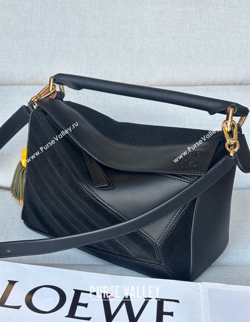 Loewe Small Puzzle bag in classic calfskin and suede Black 2025 (No Charm) (YS-250925005)