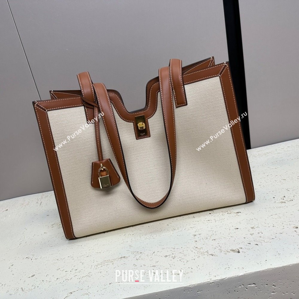 Celine Cabas 16 Tote Bag in White Canvas Brown 2023 112583 (HF-23112102)