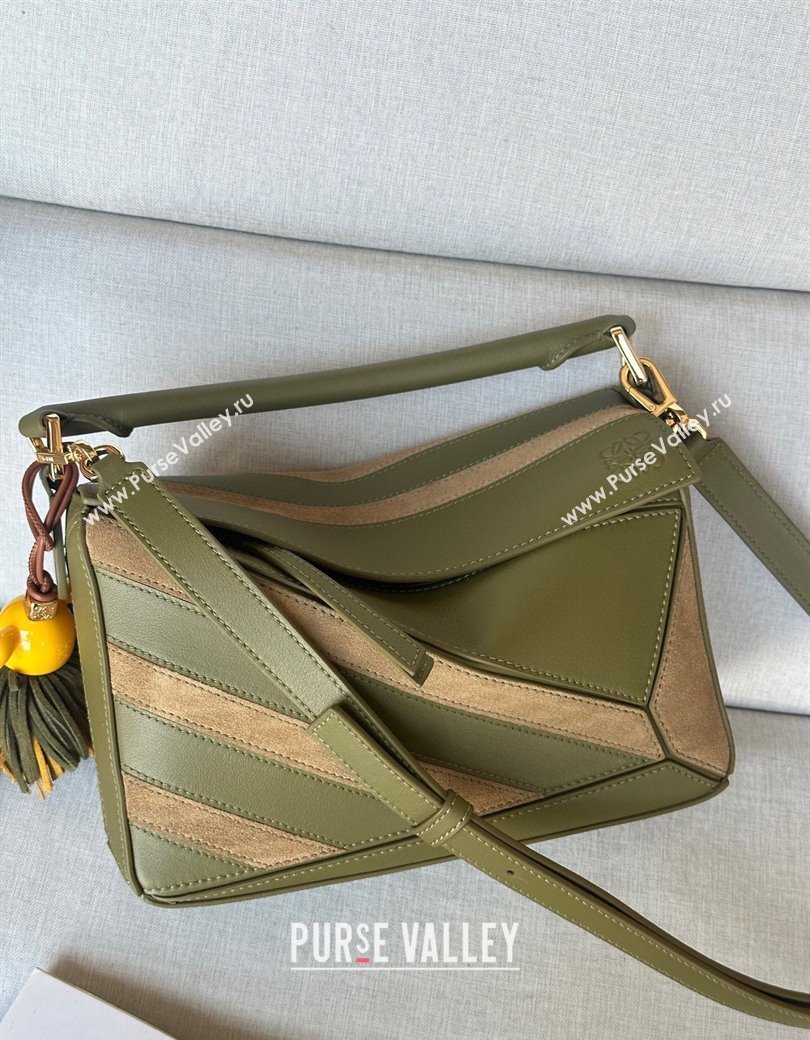 Loewe Small Puzzle bag in classic calfskin and suede Olive Green/Gold 2025 (No Charm) (YS-250925006)