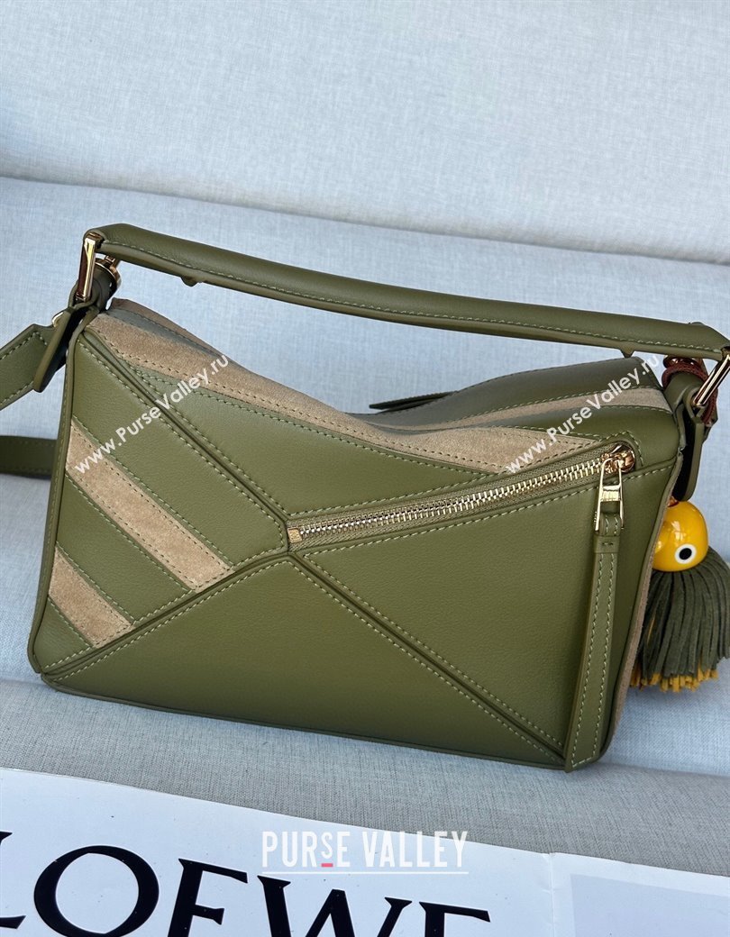 Loewe Small Puzzle bag in classic calfskin and suede Olive Green/Gold 2025 (No Charm) (YS-250925006)