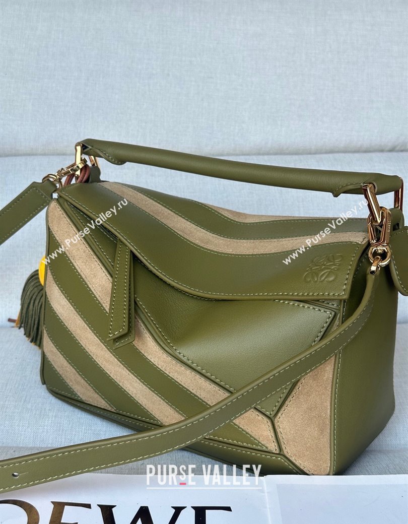 Loewe Small Puzzle bag in classic calfskin and suede Olive Green/Gold 2025 (No Charm) (YS-250925006)