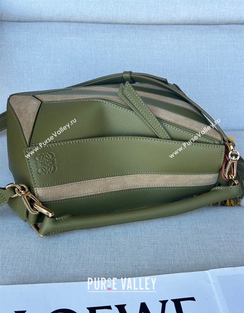 Loewe Small Puzzle bag in classic calfskin and suede Olive Green/Gold 2025 (No Charm) (YS-250925006)