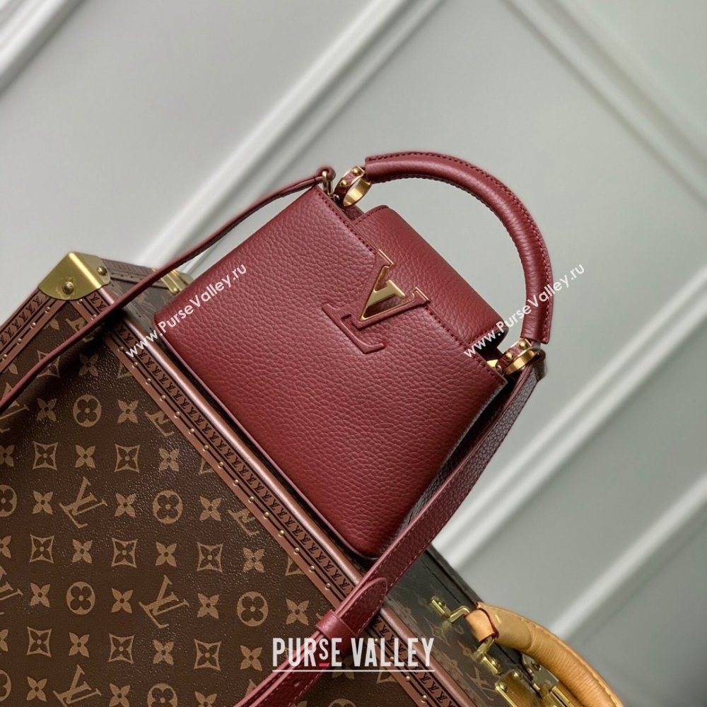 Louis Vuitton Capucines Mini Bag in Taurillon Leather M25128 Griotte/Burgundy 2024 (K-24030413)