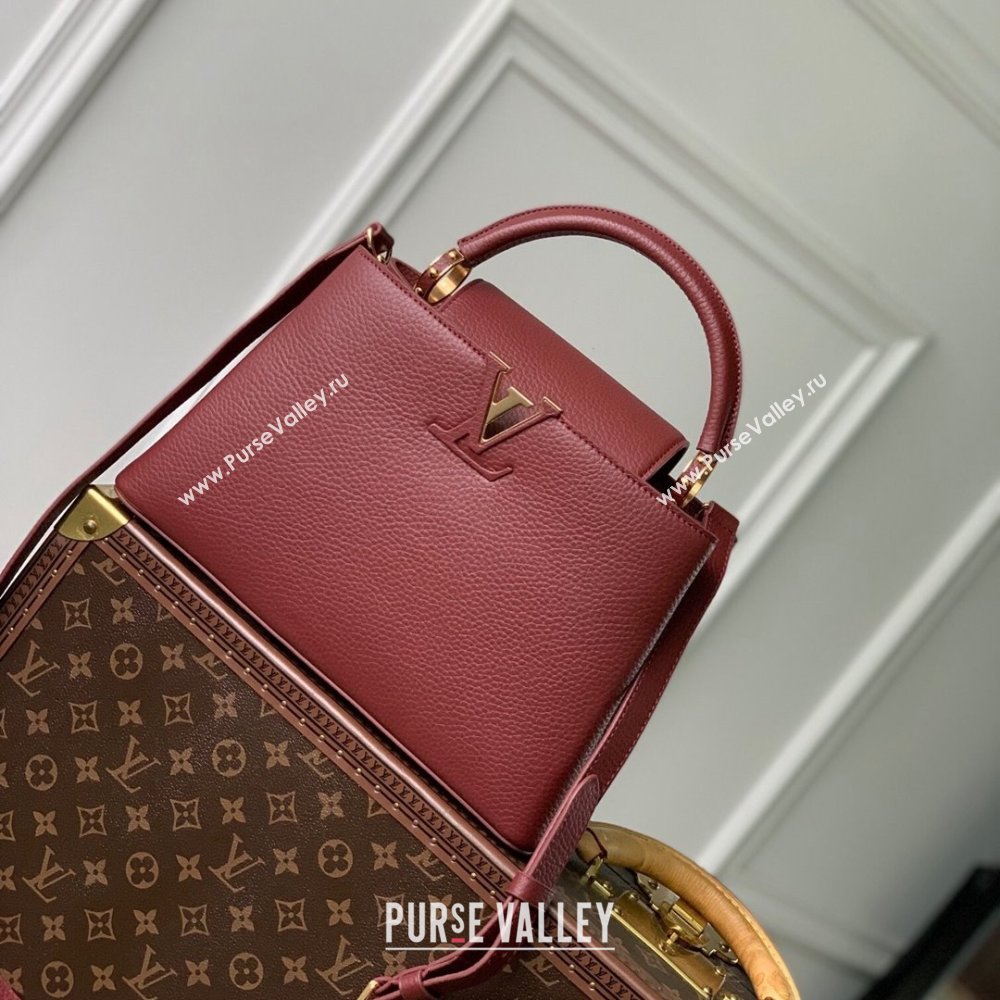 Louis Vuitton Capucines MM Bag in Taurillon Leather M25128 Griotte/Burgundy 2024 (K-24030415)
