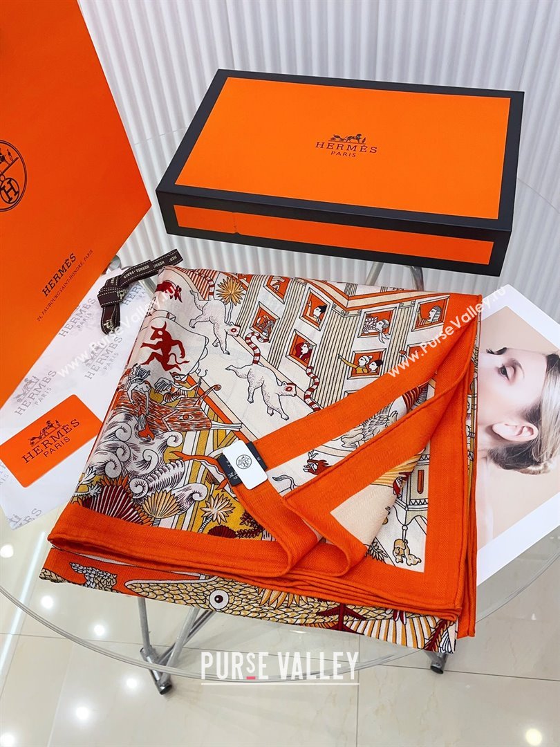 Hermes Cashmere Silk Sqaure Shawl Scarf 140cm H8627 Orange 2024 (A-24080627)