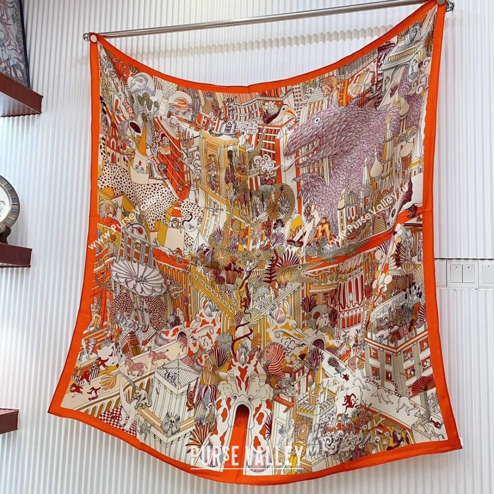 Hermes Cashmere Silk Sqaure Shawl Scarf 140cm H8627 Orange 2024 (A-24080627)