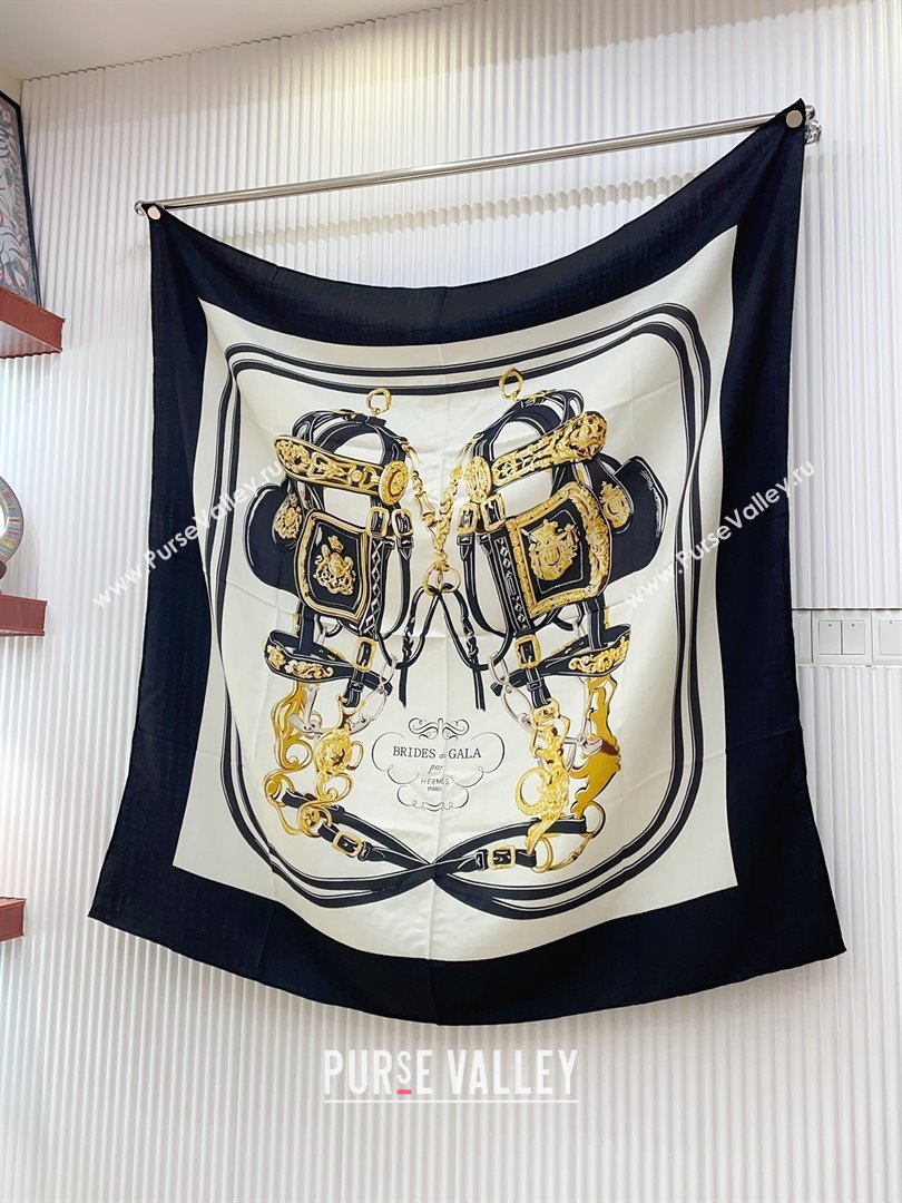 Hermes Cashmere Silk Sqaure Shawl Scarf 140cm H8629 Beige/Black 2024 (A-24080629)