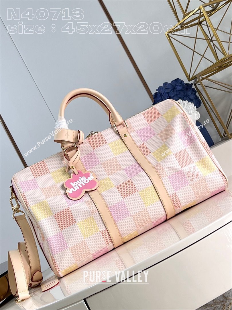 Louis Vuitton Keepall Bandouliere 45 Bag in Damierlicious Canvas N40713 Pink 2024 (K-24062001)