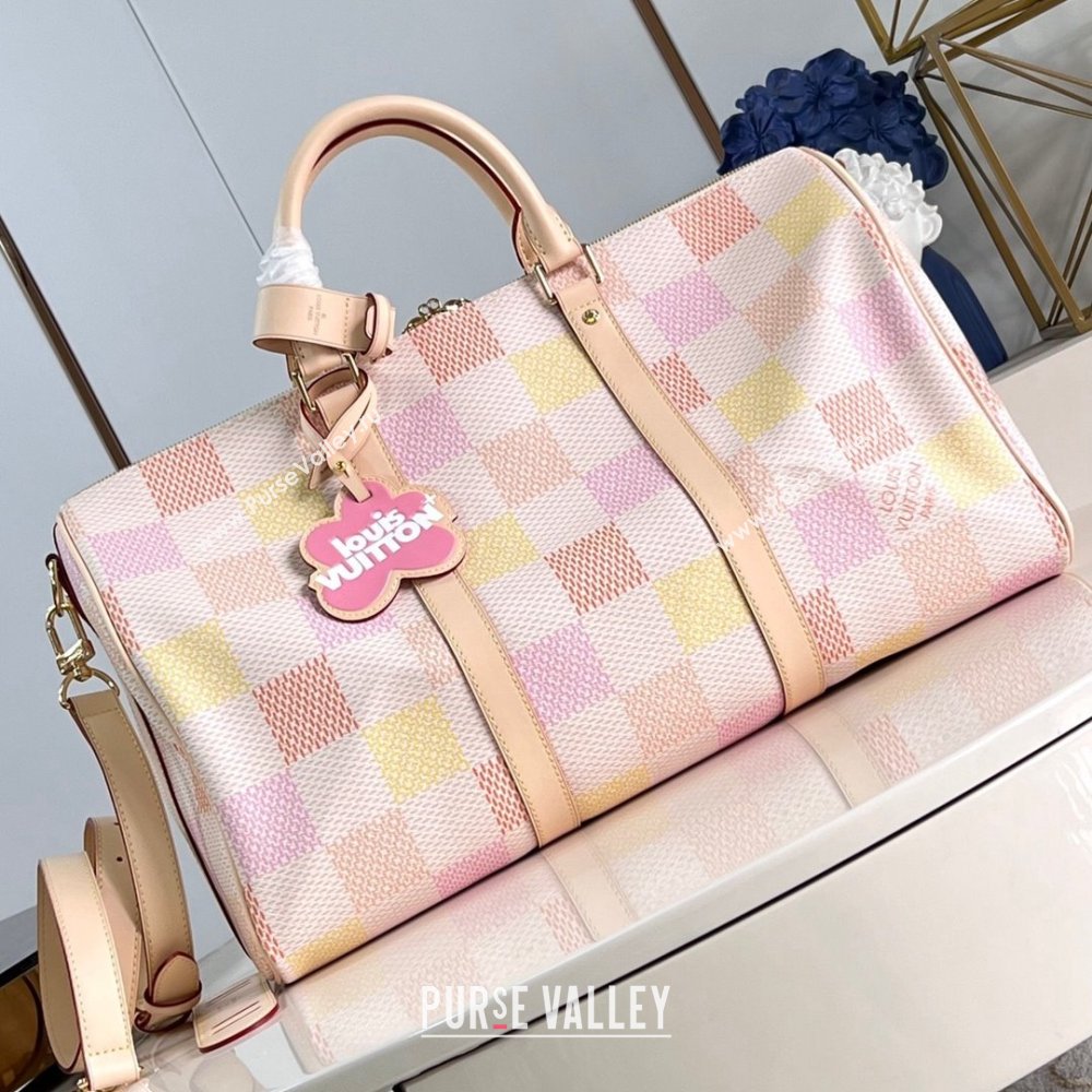 Louis Vuitton Keepall Bandouliere 45 Bag in Damierlicious Canvas N40713 Pink 2024 (K-24062001)