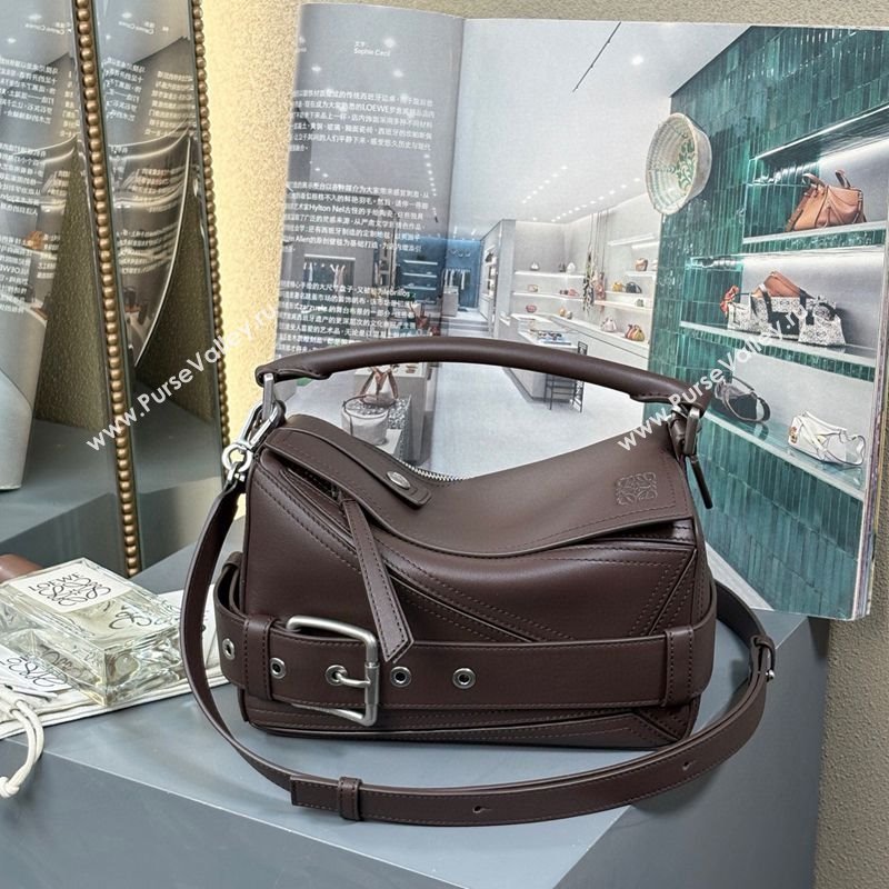 Loewe Small Puzzle Biker bag in shiny calfskin Dark Chestnut Brown 2025 0925 (YS-250925023)