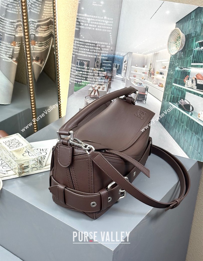 Loewe Small Puzzle Biker bag in shiny calfskin Dark Chestnut Brown 2025 0925 (YS-250925023)