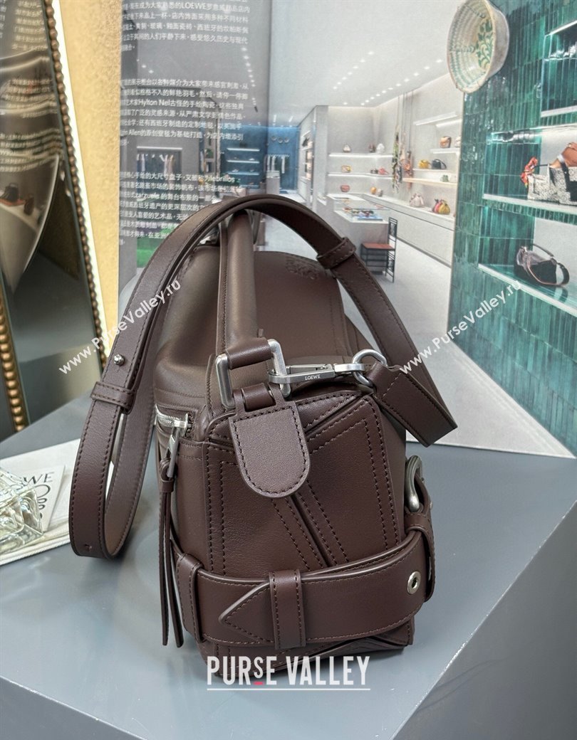 Loewe Small Puzzle Biker bag in shiny calfskin Dark Chestnut Brown 2025 0925 (YS-250925023)