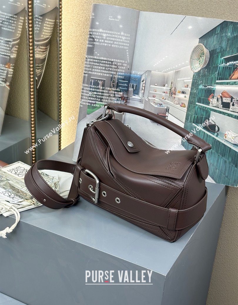 Loewe Small Puzzle Biker bag in shiny calfskin Dark Chestnut Brown 2025 0925 (YS-250925023)