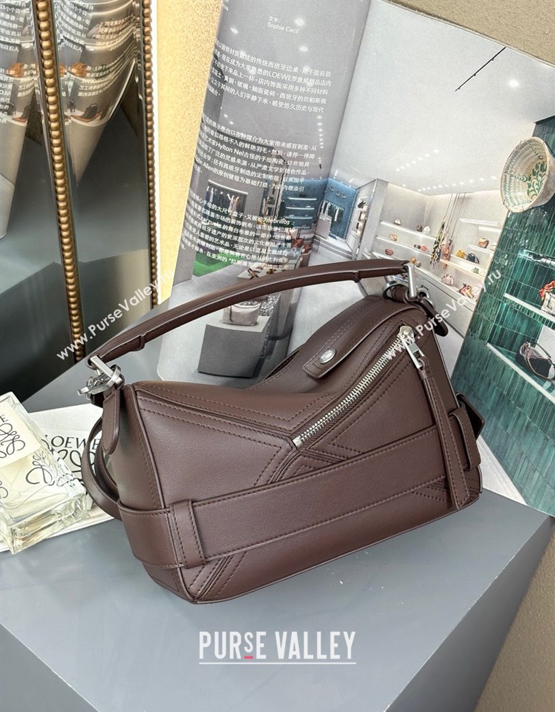 Loewe Small Puzzle Biker bag in shiny calfskin Dark Chestnut Brown 2025 0925 (YS-250925023)