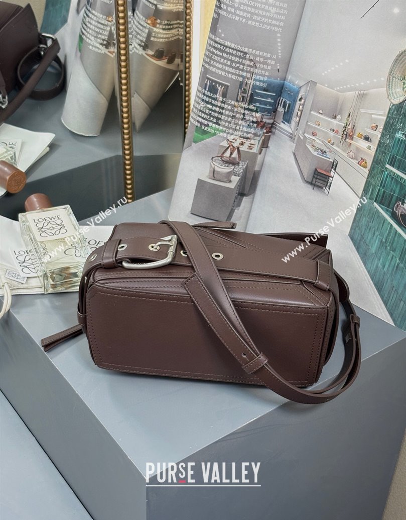 Loewe Small Puzzle Biker bag in shiny calfskin Dark Chestnut Brown 2025 0925 (YS-250925023)