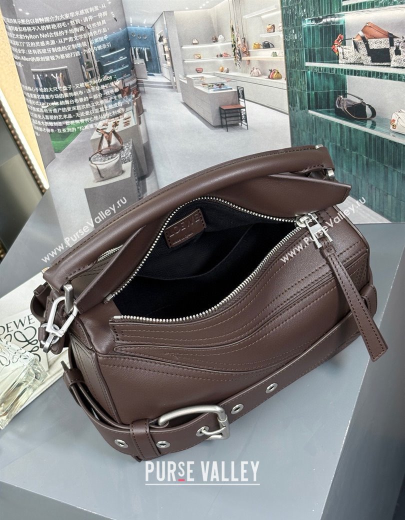 Loewe Small Puzzle Biker bag in shiny calfskin Dark Chestnut Brown 2025 0925 (YS-250925023)