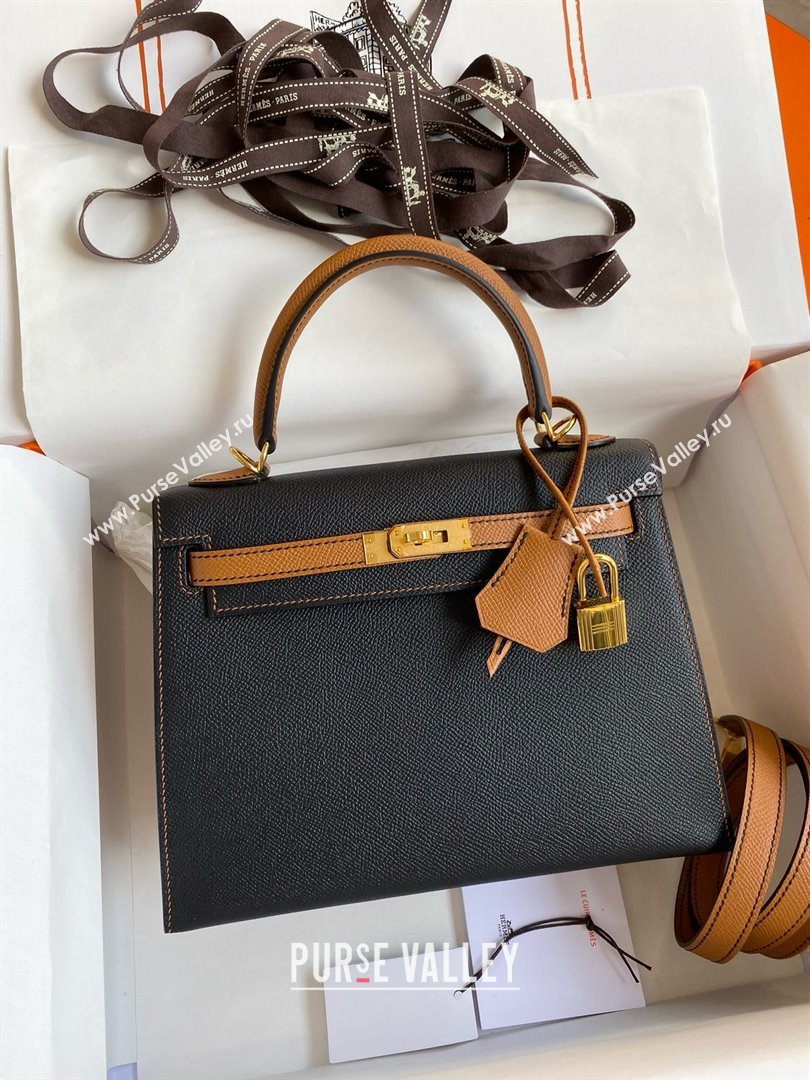 Hermes Kelly 25/28/32cm Bag in Original Epsom Leather Black/Brown/Gold 2025 (Full Handmand) (XYA-25021801)