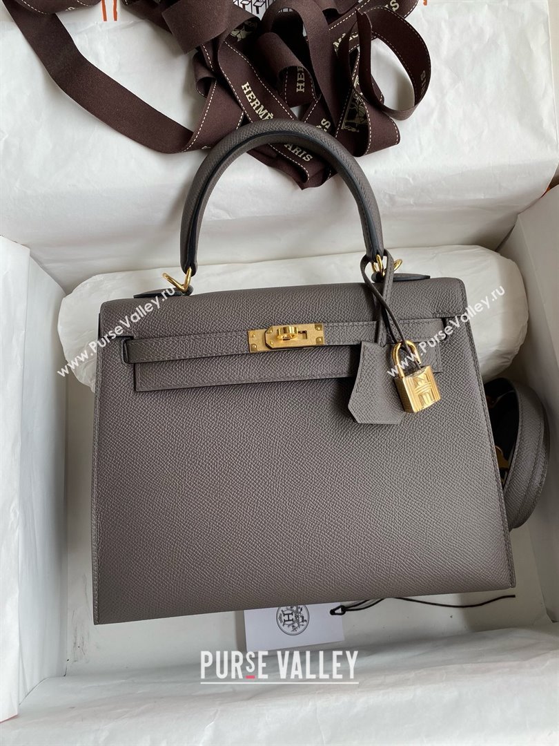 Hermes Kelly 25/28/32cm Bag in Original Epsom Leather Tinware Grey/Gold 2025 (Full Handmand) (XYA-25021817)