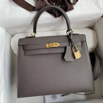 Hermes Kelly 25/28/32cm Bag in Original Epsom Leather Tinware Grey/Gold 2025 (Full Handmand) (XYA-25021817)