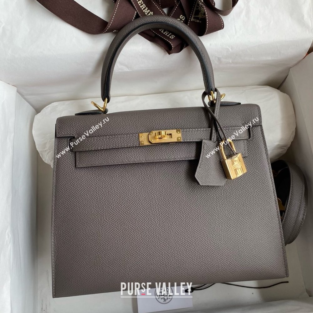 Hermes Kelly 25/28/32cm Bag in Original Epsom Leather Tinware Grey/Gold 2025 (Full Handmand) (XYA-25021817)