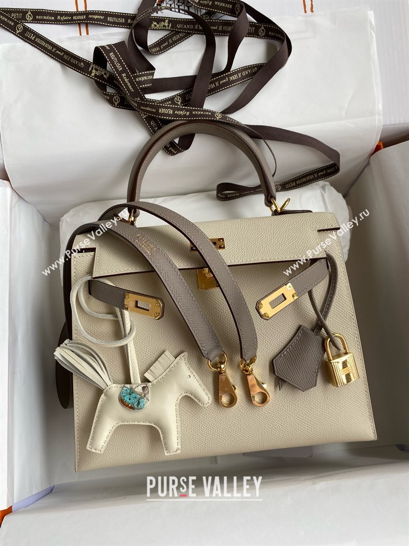 Hermes Kelly 25/28/32cm Bag in Original Epsom Leather Milkshake White/Bituminous Grey/Gold 2025 (Full Handmand) (XYA-25021802)