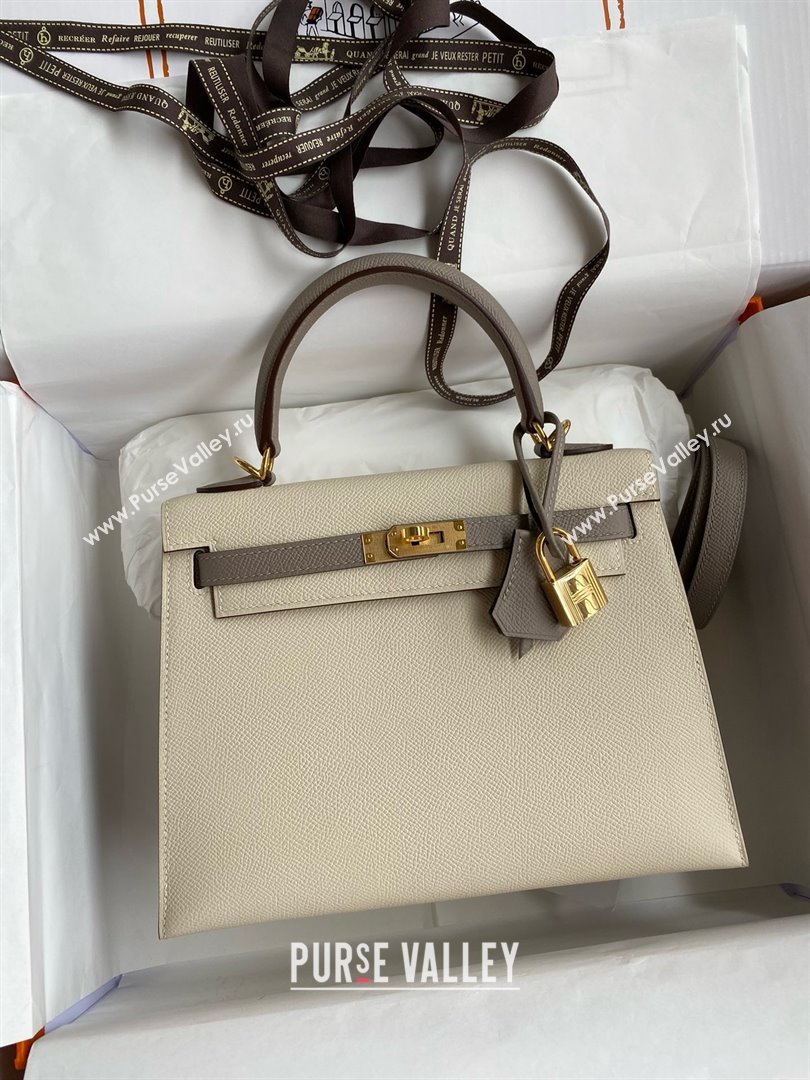 Hermes Kelly 25/28/32cm Bag in Original Epsom Leather Milkshake White/Bituminous Grey/Gold 2025 (Full Handmand) (XYA-25021802)