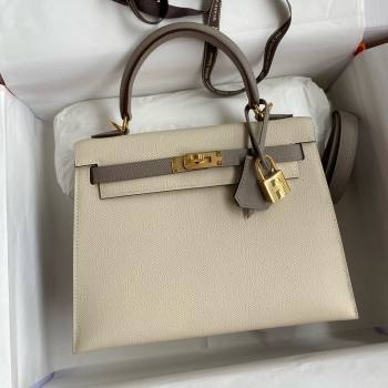 Hermes Kelly 25/28/32cm Bag in Original Epsom Leather Milkshake White/Bituminous Grey/Gold 2025 (Full Handmand) (XYA-25021802)