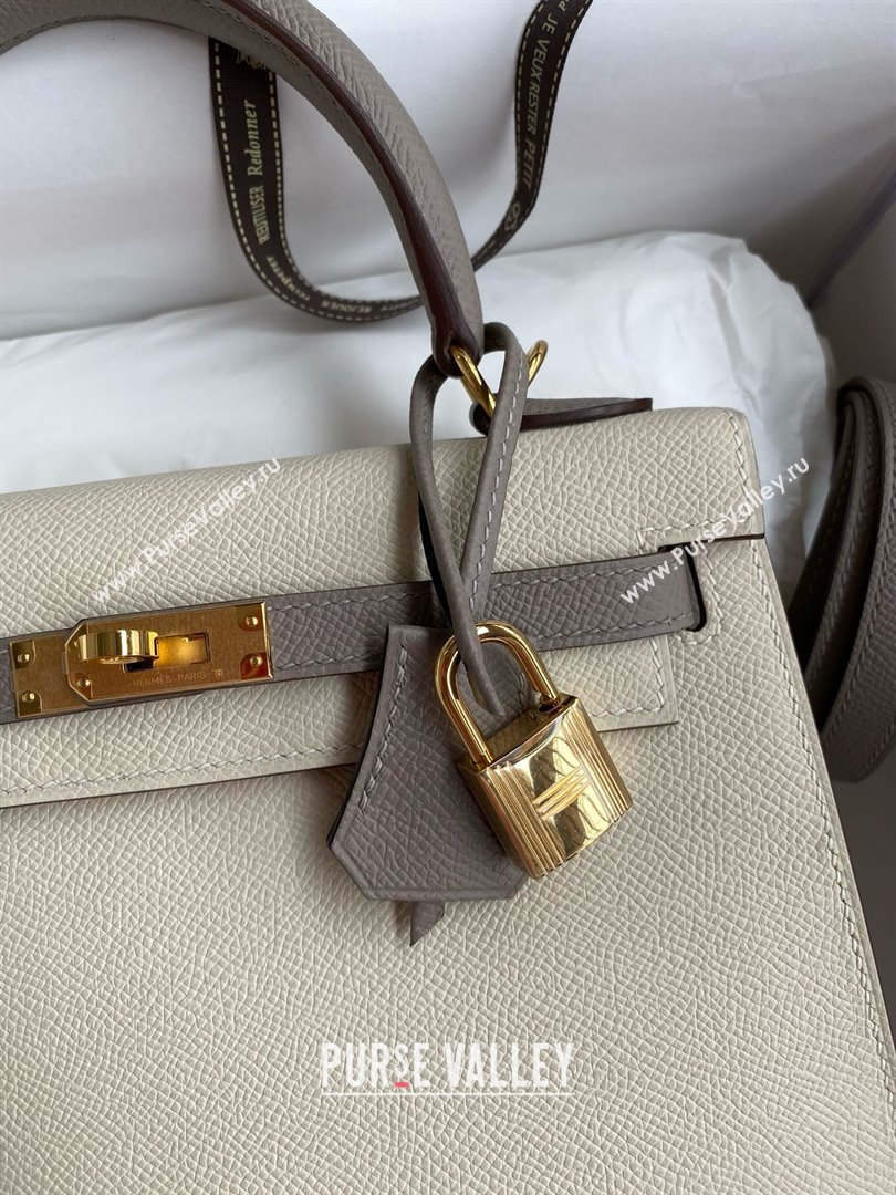 Hermes Kelly 25/28/32cm Bag in Original Epsom Leather Milkshake White/Bituminous Grey/Gold 2025 (Full Handmand) (XYA-25021802)