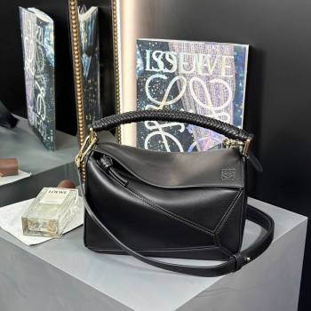 Loewe Small Puzzle bag in smooth calfskin with woven Handle Black 2025 0925 (nana-250925027)
