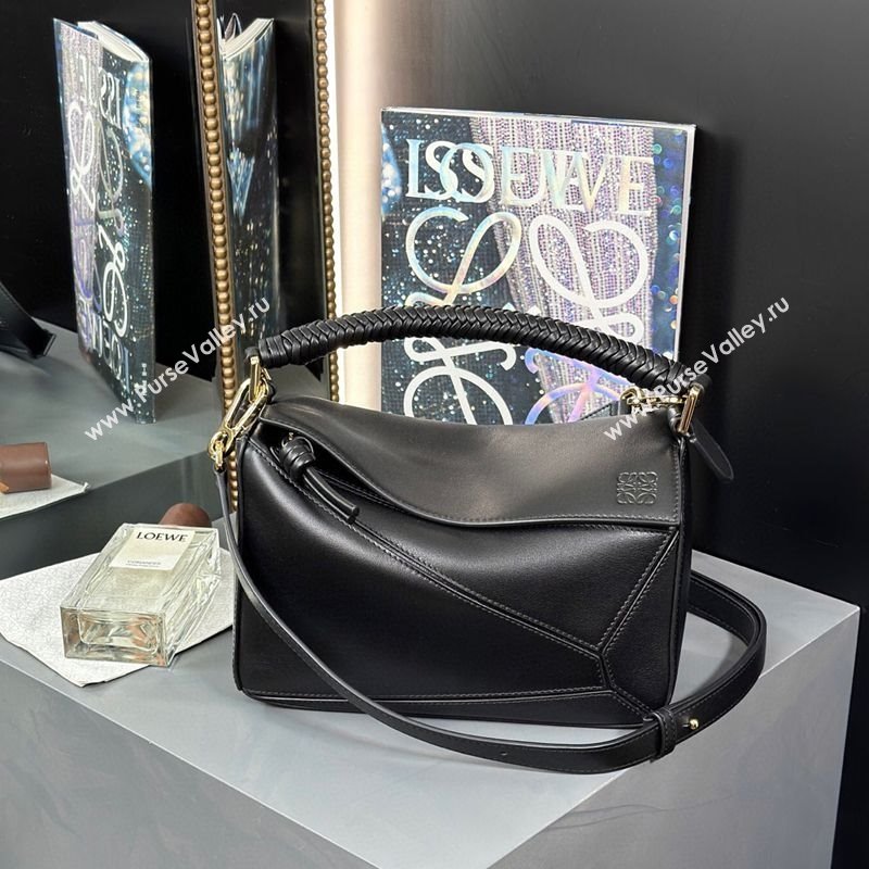 Loewe Small Puzzle bag in smooth calfskin with woven Handle Black 2025 0925 (nana-250925027)