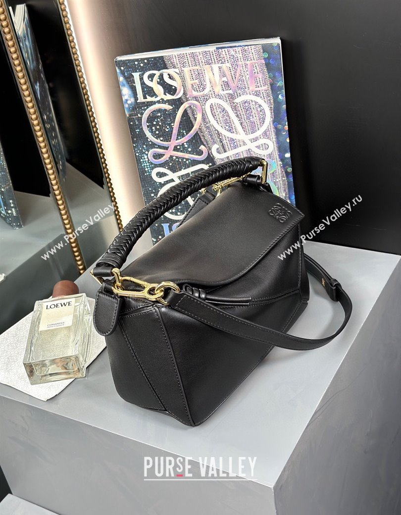 Loewe Small Puzzle bag in smooth calfskin with woven Handle Black 2025 0925 (nana-250925027)