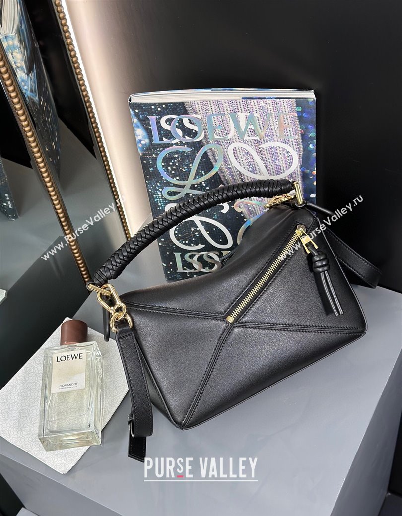 Loewe Small Puzzle bag in smooth calfskin with woven Handle Black 2025 0925 (nana-250925027)