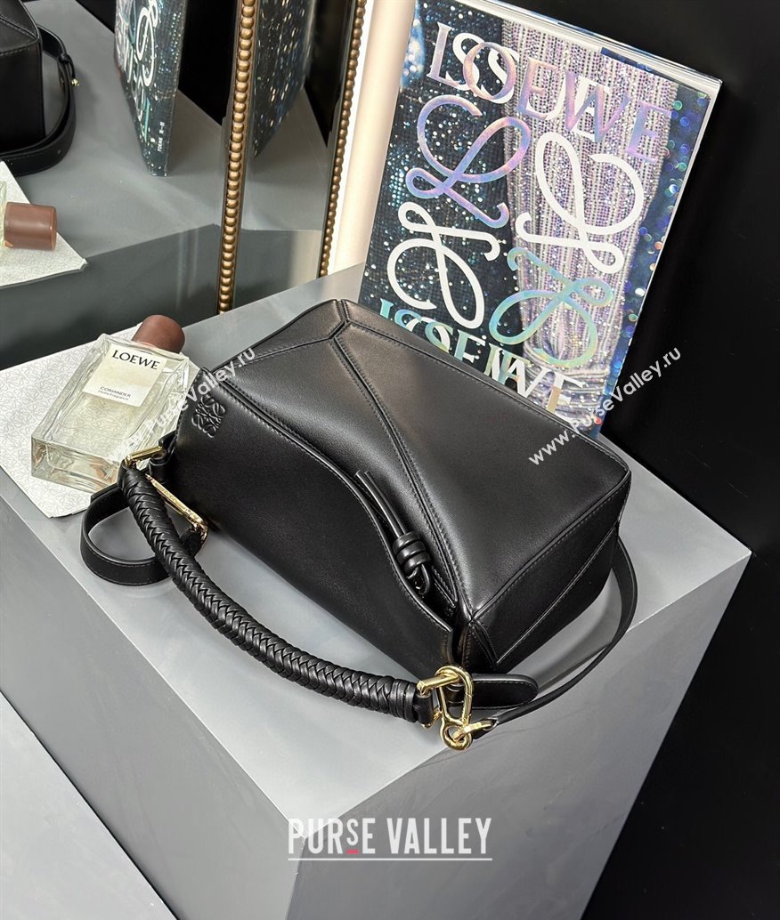 Loewe Small Puzzle bag in smooth calfskin with woven Handle Black 2025 0925 (nana-250925027)