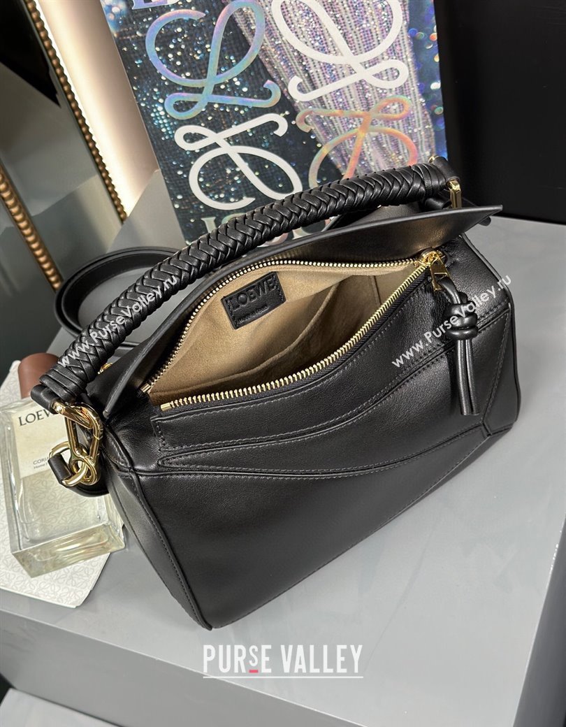 Loewe Small Puzzle bag in smooth calfskin with woven Handle Black 2025 0925 (nana-250925027)