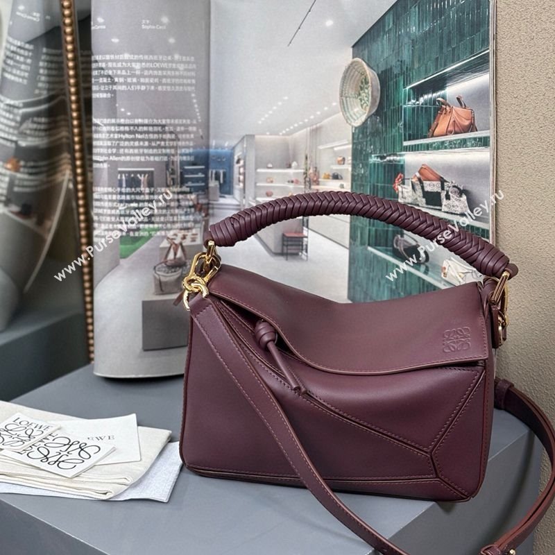 Loewe Small Puzzle bag in smooth calfskin with woven Handle Dark Burgundy 2025 0925 (nana-250925028)