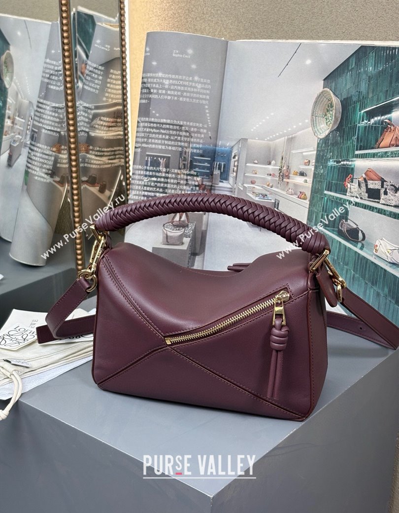 Loewe Small Puzzle bag in smooth calfskin with woven Handle Dark Burgundy 2025 0925 (nana-250925028)