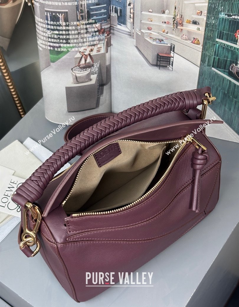 Loewe Small Puzzle bag in smooth calfskin with woven Handle Dark Burgundy 2025 0925 (nana-250925028)