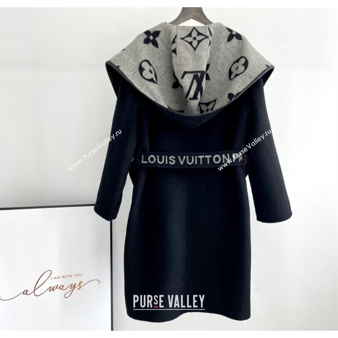 Louis Vuitton BELTED DOUBLE FACE HOODED WRAP COAT Black 2021 (Q-210915055)