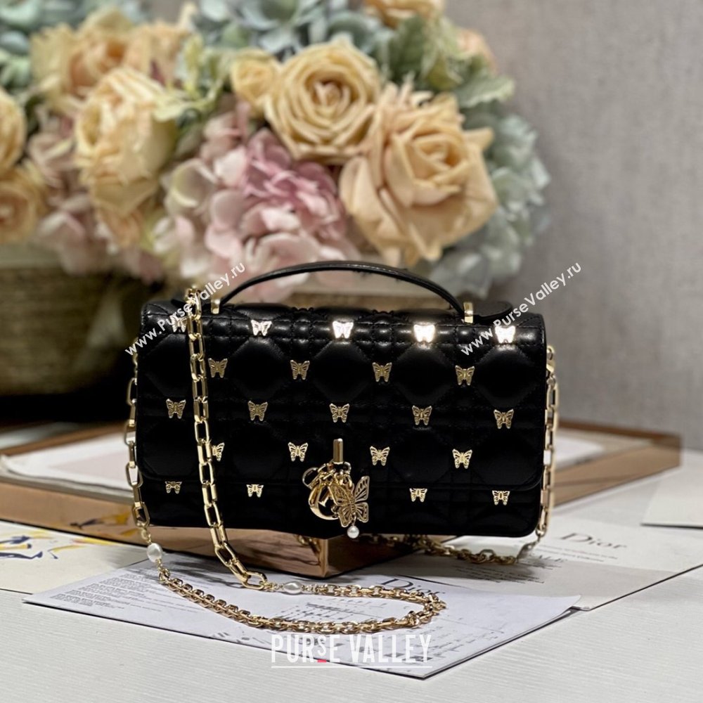 Dior Miss Dior Top Handle Bag with Gold-Finish Butterfly Studs Black 2024 (DMZ-241807)